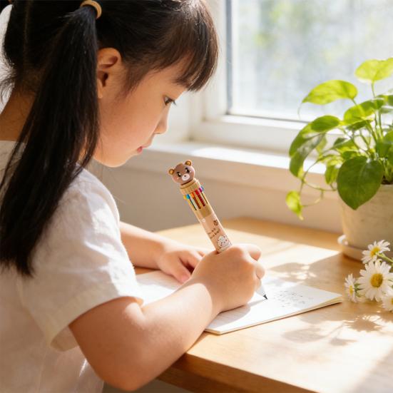 10-In-1 Retractable Ballpoint Pen Cartoon Bear Colored Pen 0.5MM Fine Point Smooth Writing Colorful Ball Pen Students School Office Supplies