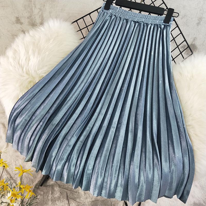 Golden Velvet Skirt Women's Autumn and Winter Elastic Waist A-line Pleated Skirt Chin Mid-length Skirt