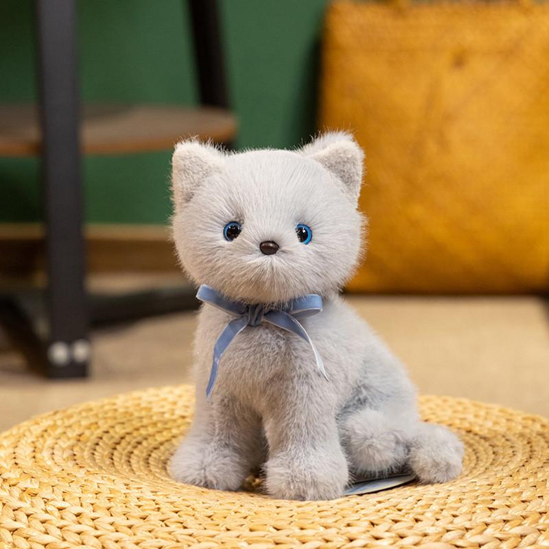 Cat Cuter Plush Doll With Squat Design And Bow Decor For Kids Gift Birthday