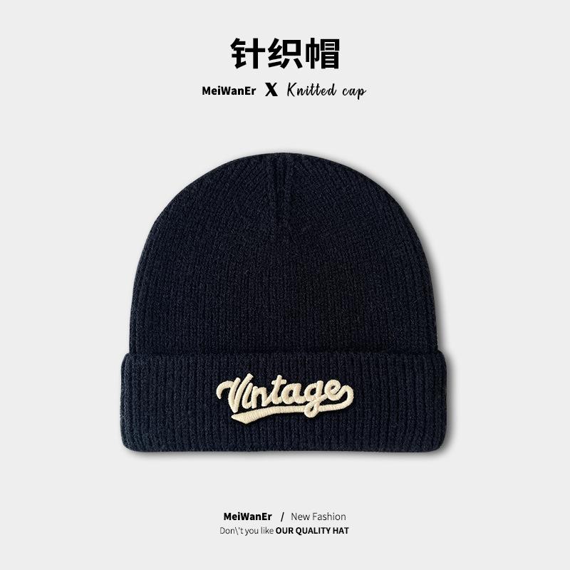 Hat Female Winter Japanese Simple Versatile Wool Hat Student Couple Cold Hat Warm Letter Knitted Hat Male