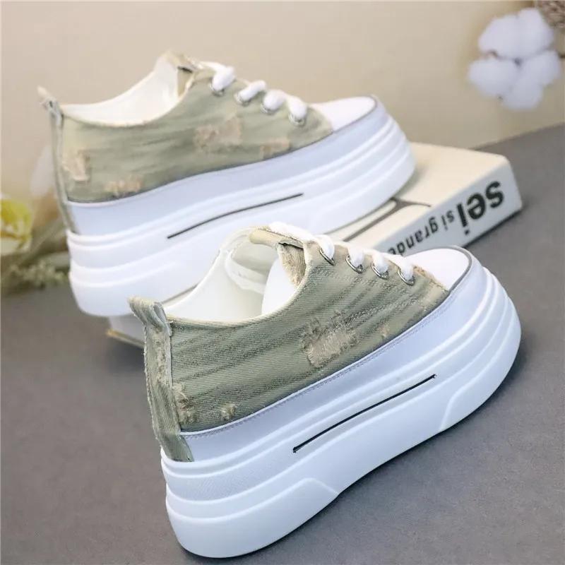 10cm Women's Canvas Sneakers Lace-up Platform Thick Bottom Sport Shoes Spring Autumn Casual Walking Shoes Women Sneakers