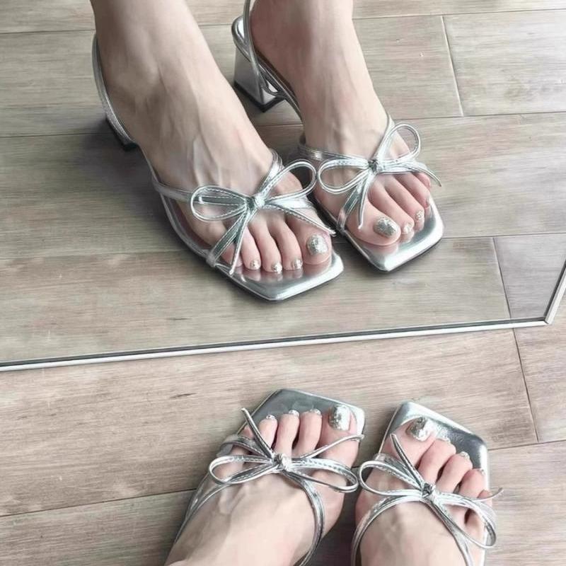 2025 new beautiful silver sandals thick heel bow square head back strap high heels summer temperament versatile sandals