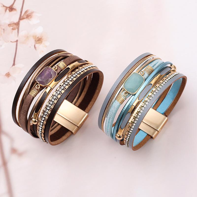 Crystal Magnet Buckle Leather Bracelet Woven Multi-layer Bangle Jewelry Accessory