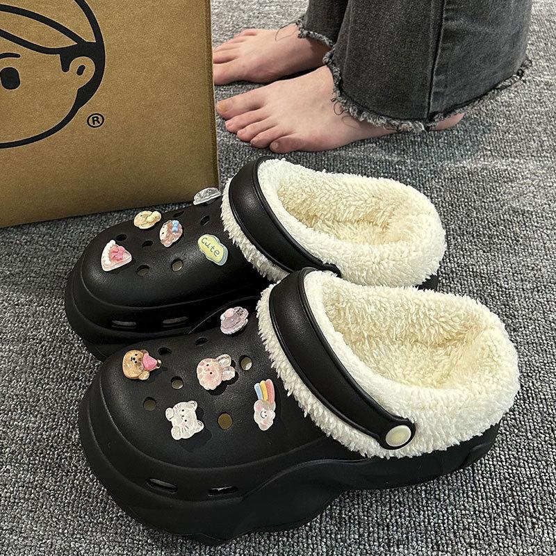 New velvet hole shoes women's winter non-slip outer wear cotton shoes heightened thick-soled home removable cotton slippers