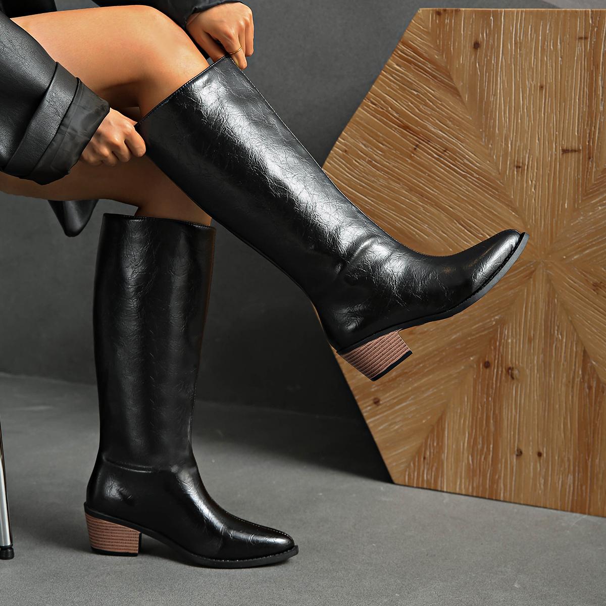 

Ботинки нового стиля Женские Женские ботинки Мягкая кожа На высоком каблуке До колена Прилив Теплые Снежные Толстый каблук Обувь Zapatos Mujer 43 чёрный