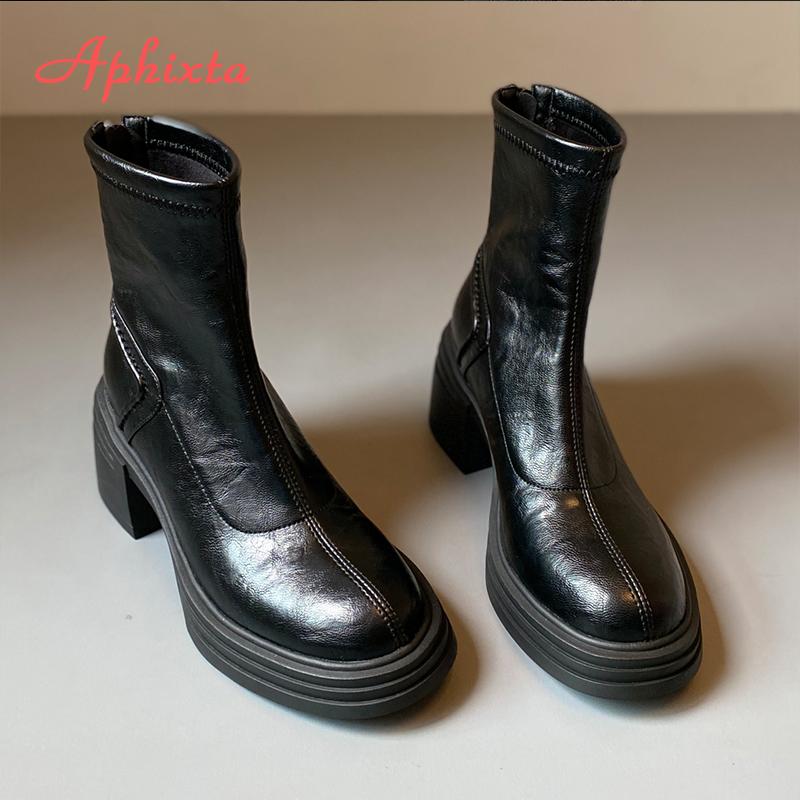 Aphixta Retro Chelsea Shoes Classic Woman Ankle Boots Square Heel Platform Boot Patent Leather Winter Black Ankle Boots