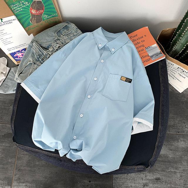 Casual Shirts Men Patchwork Fake-two Pieces Plus Size 3XL Harajuku Korean Fashion Loose Straight Baggy Handsome High Street Chic