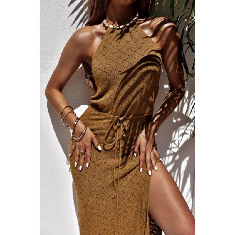 

Knitted Hollow Dress Knitted Cut-out Dress Drawstring Strap Dress Holiday Style Beach Skirt Dark brown L