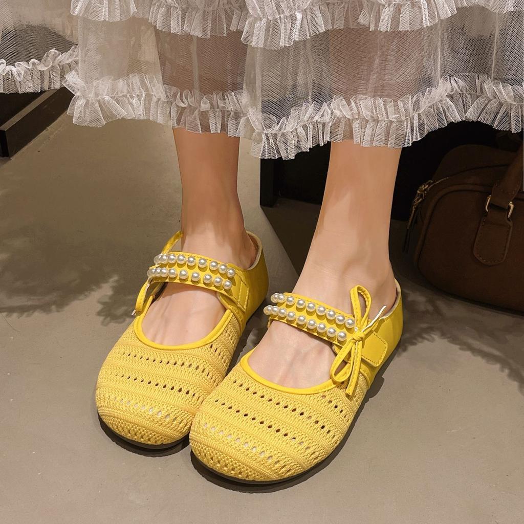 Baotou slippers wear women's woven shoes with one foot on the outside 2025 new breathable mesh heightening pearl Birkencool slippers