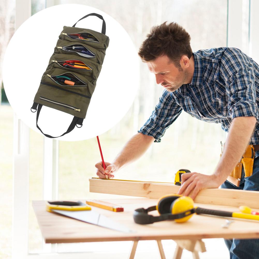 Wrench Roll Up Pouch Durable Roll Up Tool Bag Canvas Heavy Duty Tool Roll Organizer Bags With Five Large Pockets For Tools