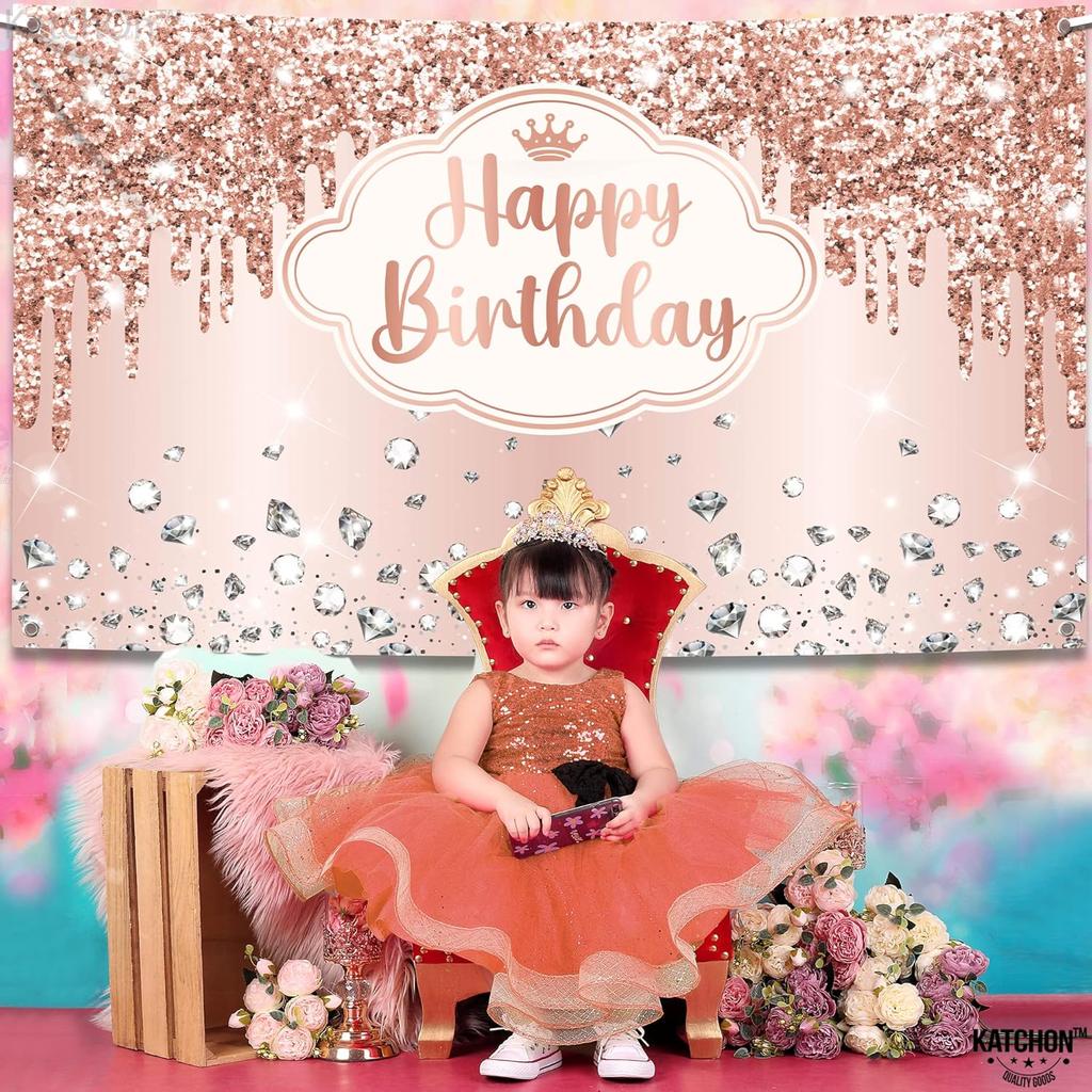 KatchOn, XtraLarge Rose Gold Happy Birthday Banner - 72x44 Inch | Birthday Decorations for Women, Girls | Backdrop Banner for Rose Gold Party