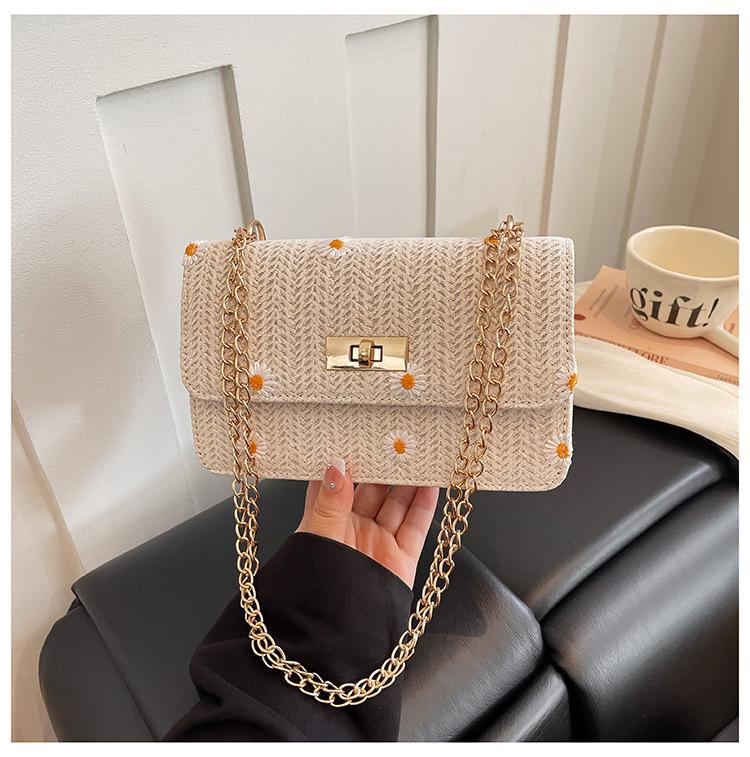 2026 Women's Summer Straw Woven Chain Square Bag - Simple Fashion Turn Lock Shoulder & Crossbody Underarm Bag