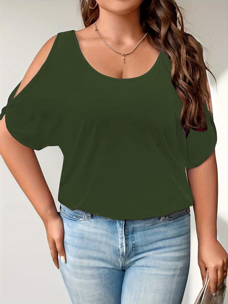 Women's Plus Size Off-the-Shoulder Short Sleeve T-Shirt - Solid Color, Spring/Summer 2025, Japanese Korean Style