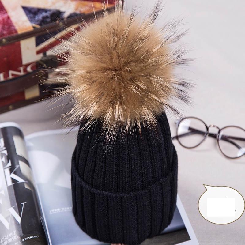 Real Winter New Raccoon Fur Hats Pom Pon Women Lady Knit Beanie Bobble Cap