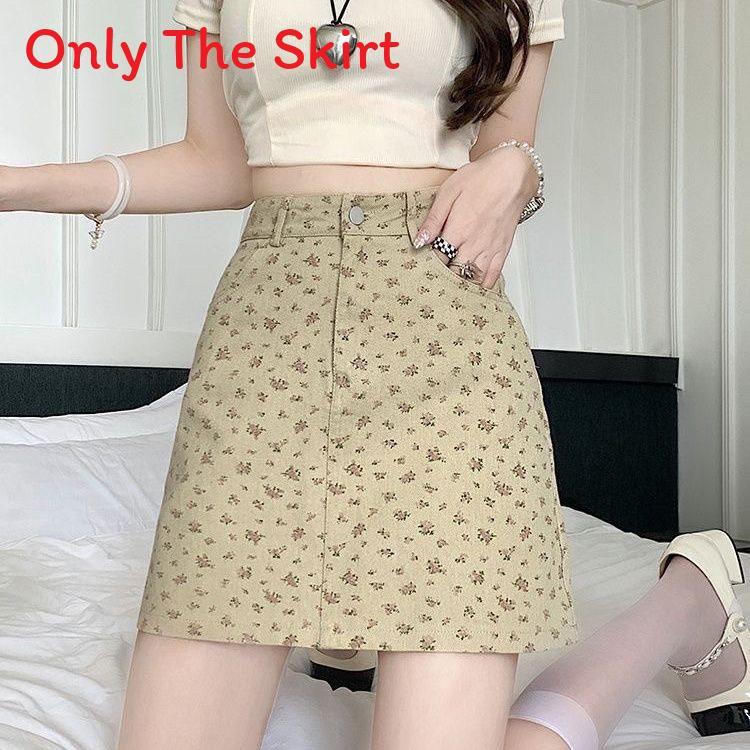 Korean Style Flowy Floral Denim Short Skirt With Zipper For Spring Summer Casual Wear