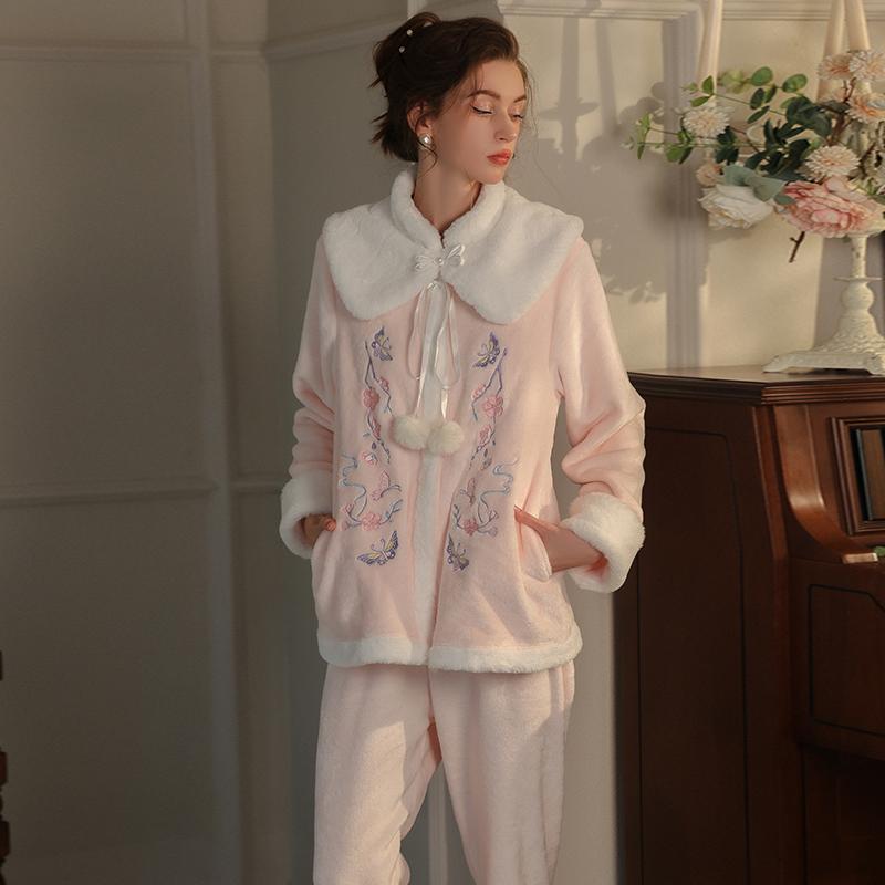 Women’s Plush Sleeping Suits Sexy Thick Velvet Embroidered Outer Robe and Pants Lounge Pajamas Comfortable Clothing