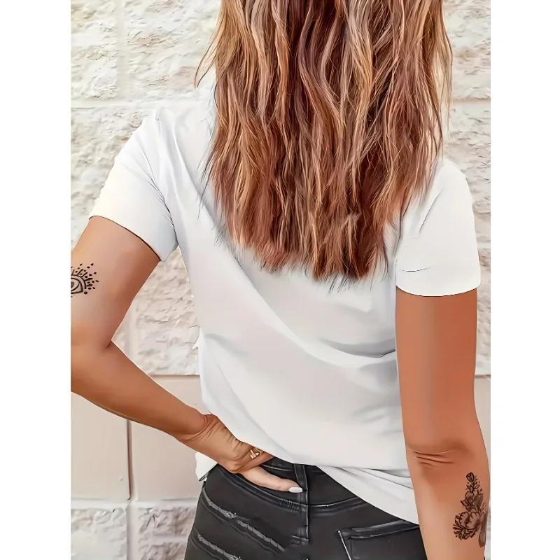 Travel Pattern Printed T-Shirt, Spring/Summer Casual Round Neck Short Sleeved Top Women'S Clothing, Fashionable Painted Clothing