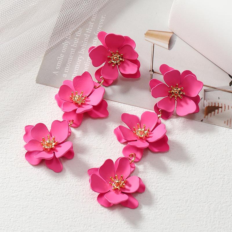 YEHHY European and American Versatile Fashion Long Multi-color Flower-inspired Earring Style Rose-red Studs Earrings