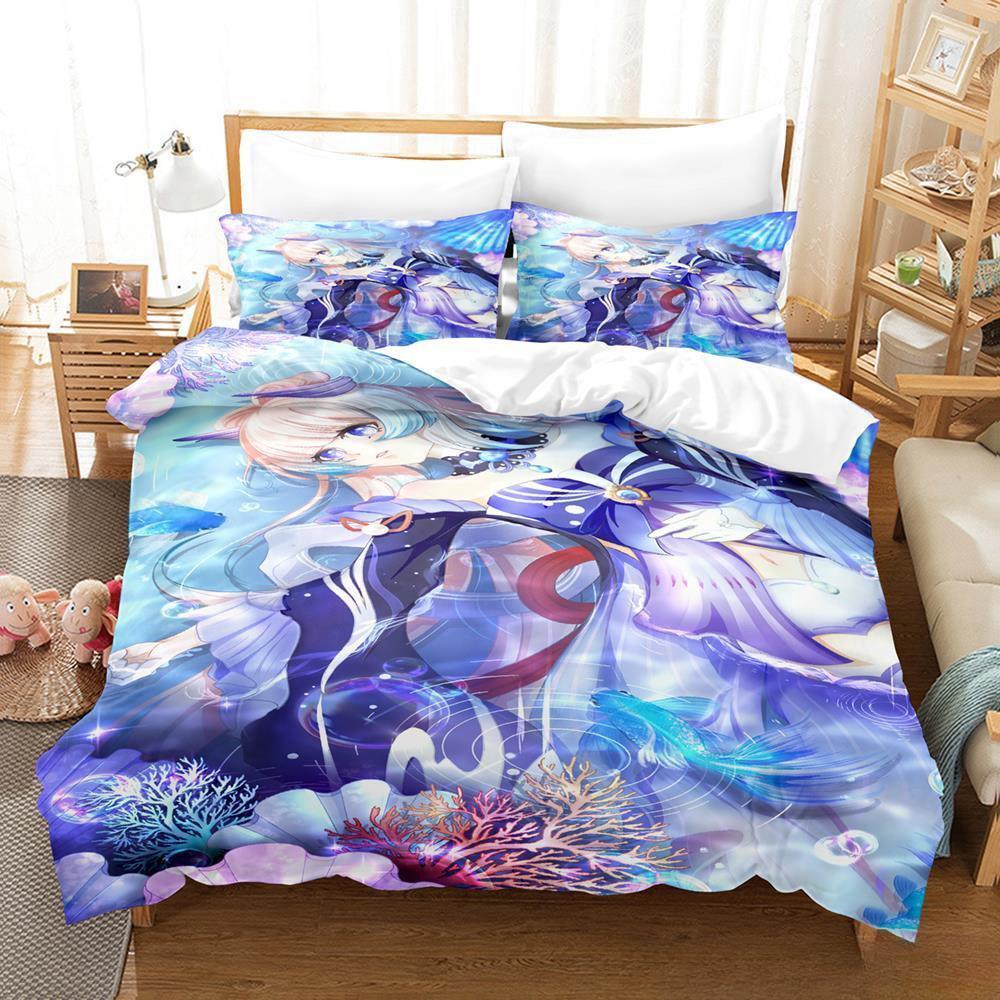 Genshin Impact Sangonomiya Kokomi Bedding Set Cartoon Anime Three-piece Set Adult Kid Bedroom Duvet Cover Sets 3D Kawaii Girls