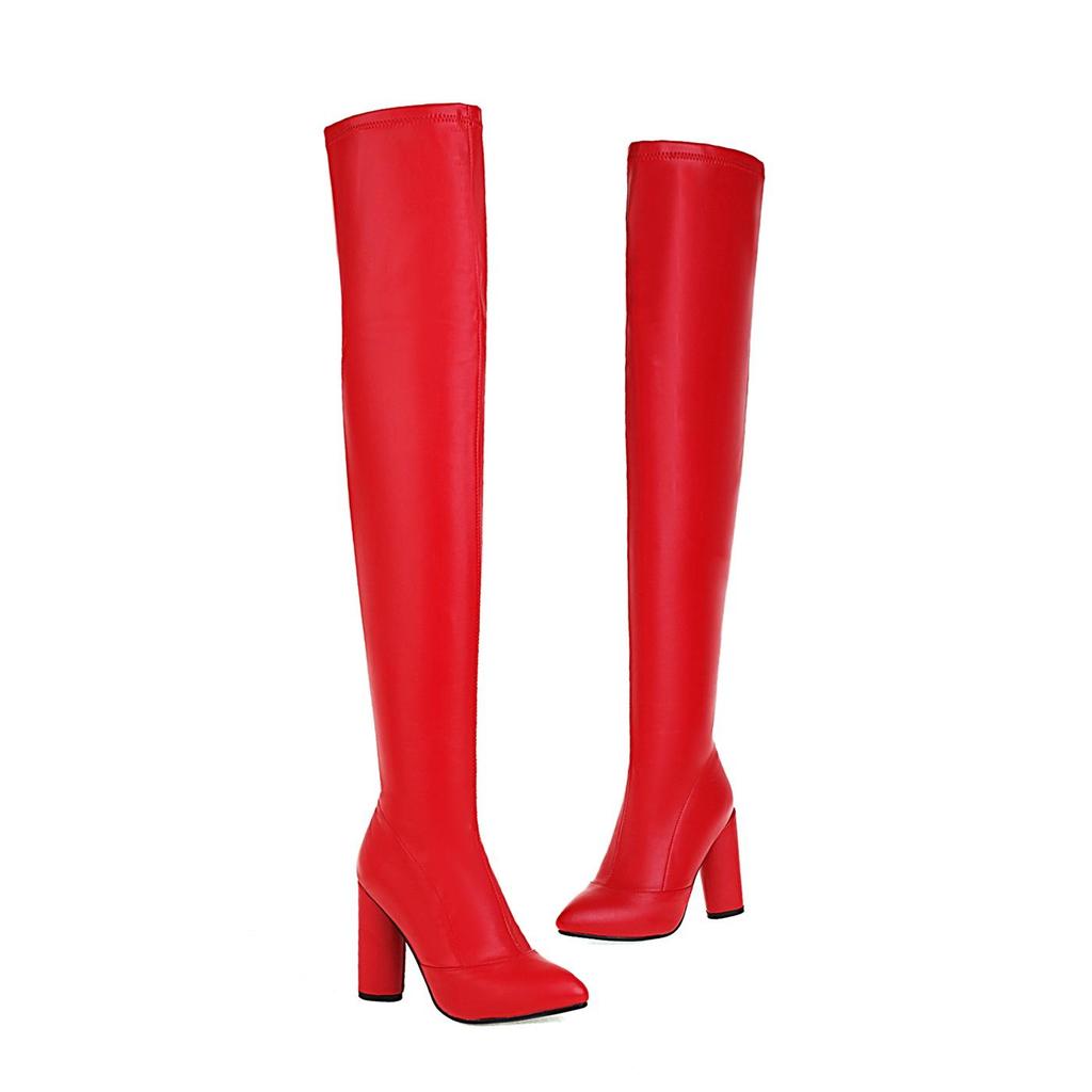 Q/Botas femininas de salto alto, saltos grossos pontudos de cor sólida elegantes, botas grandes na altura do joelho