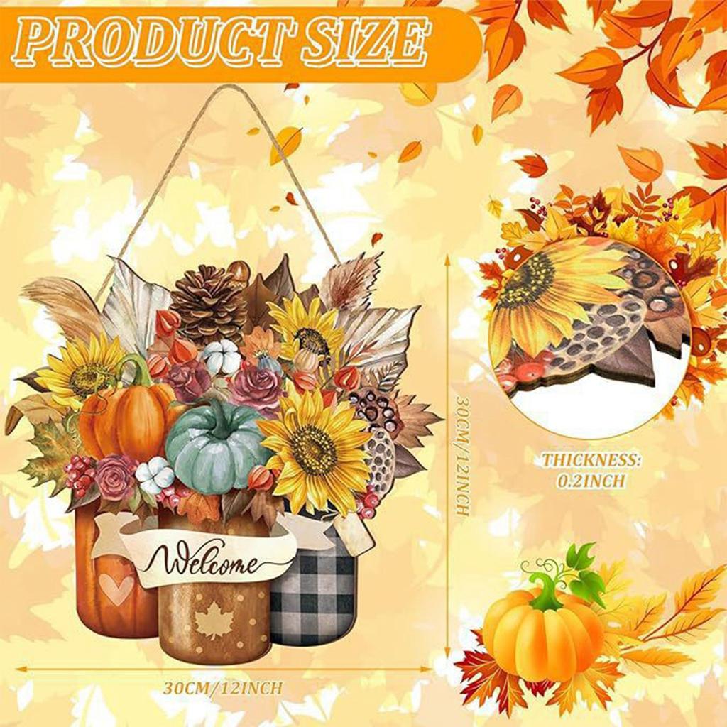 Thanksgiving Autumn Wooden Maple Leaf Welcome Door Sign Hanging Door Decoration 2D