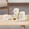 4pcs White Wooden Candlestick Set, Tea Lamp Candlestick Set, Jute Rope Bow Decoration and Decorative Stones, Heart Tray Decorative Bowl, Jewelry Tray