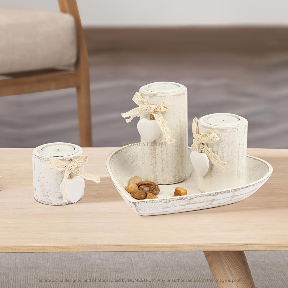 4pcs White Wooden Candlestick Set, Tea Lamp Candlestick Set, Jute Rope Bow Decoration and Decorative Stones, Heart Tray Decorative Bowl, Jewelry Tray