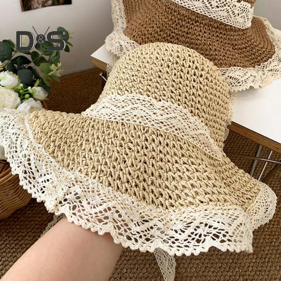 Stroh-Sonnenhut für Damen, faltbar, atmungsaktiv, größenverstellbar, Spitzenbesatz, Strandhut, Outdoor-Aktivitäten, Sport, Alltagskleidung
