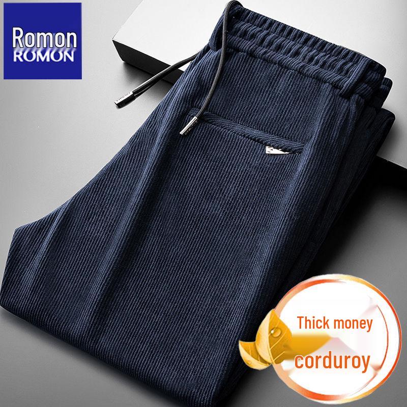 Romon Men's Fleece-Lined Corduroy Pants, Thickened Elastic Waist, Autumn/Winter Warm Casual Style.