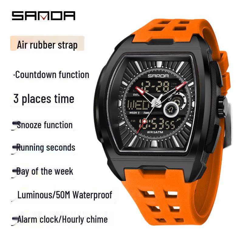 Sanda Men's Sports Barrel-Shaped Luminous Countdown Watch with Triple Time Zone and Dual Display, Waterproof Design.