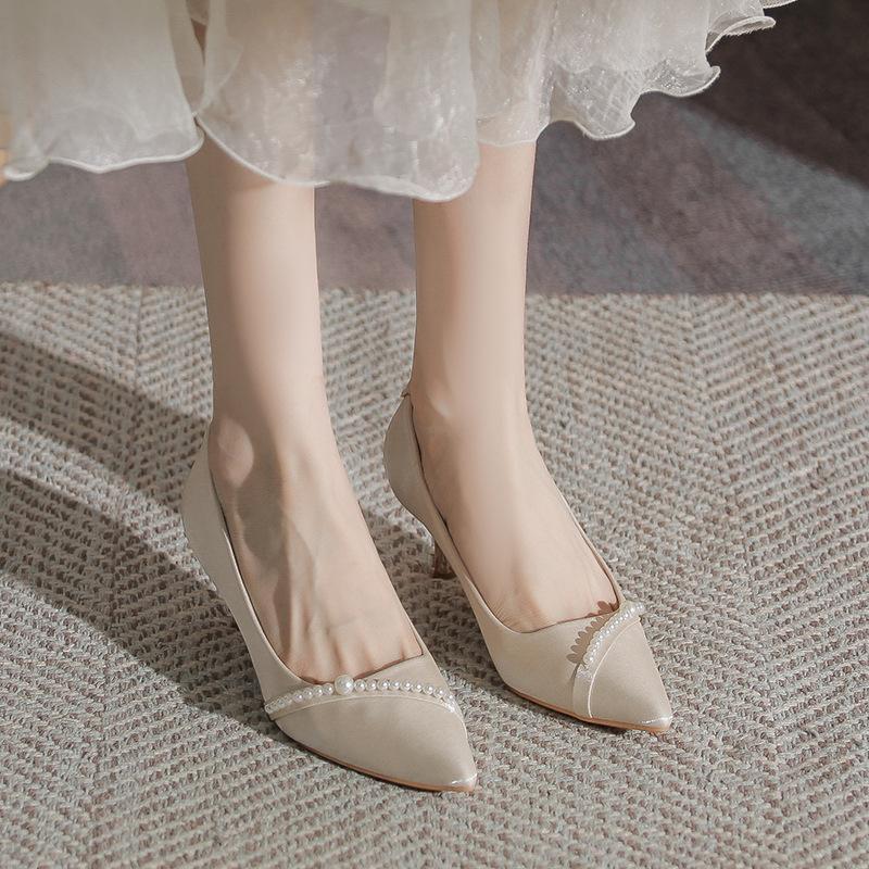 French Bar Mitzvah High Heels New Niche Versatile Bridesmaid Shoes Pearl Fine Heel Bride with Wedding Shoes