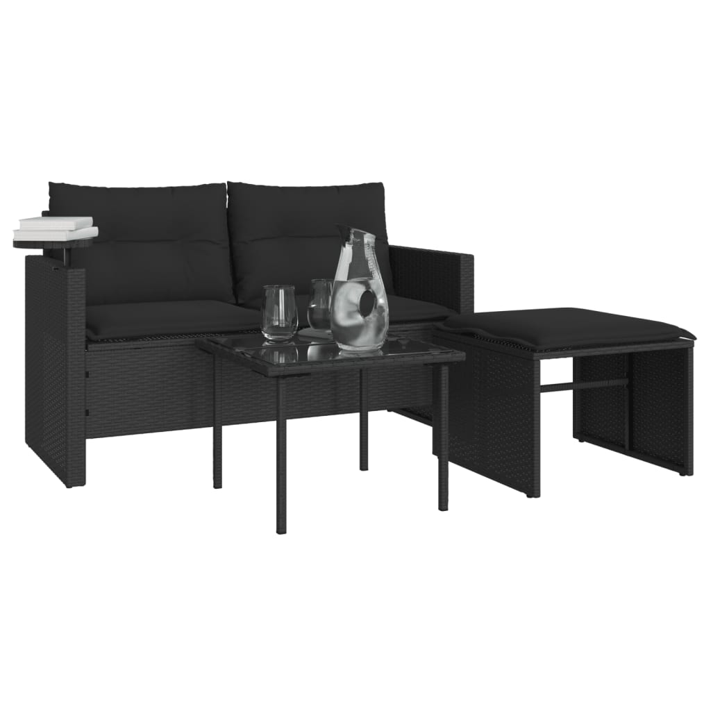 3 Piece Garden Sofa Set with Cushions Black Poly Rattan