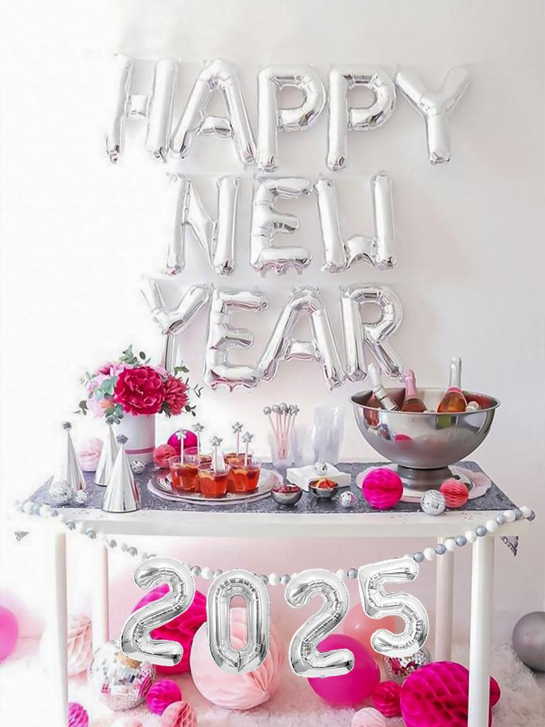 16pcs/set-16 Inch 2025 Happy New Year Aluminum Foil Balloon Set, New Year Holiday Decoration, Christmas Theme Party Decoration,