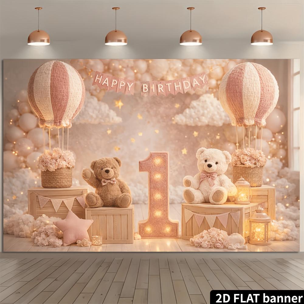 2D Plane 1st Birthday Party Banner Background Fabric - Pink Hot Air Balloon Bear themeDJH