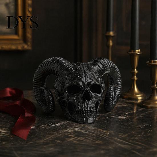 Modern Gothic Atmosphere Pieces 3D Printed Goat Horn Skull Ornament, Ram Horned Devil Trendy Bookshelf Statues Skull, Halloween Dark Desktop