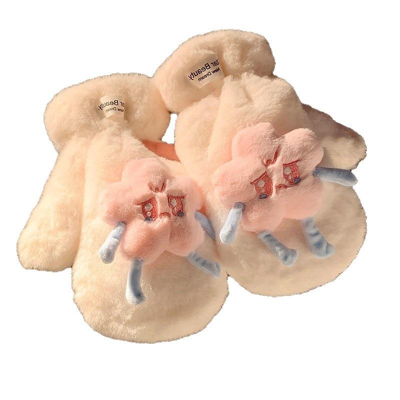 Cute Stars Plush Finger Gloves Women Winter Plush Thickened Warm Cold Furry Cycling Student