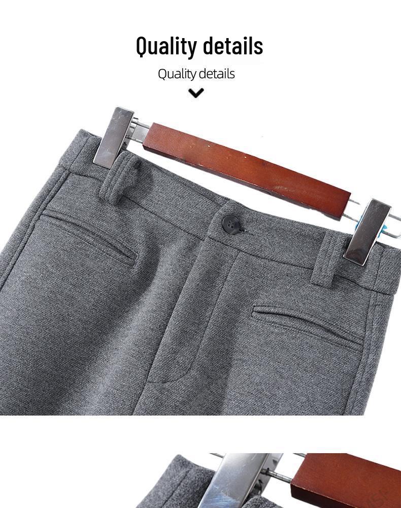 Women's High-Waist Gray Woolen Wide-Leg Pants - Fleece-Lined for Autumn/Winter, Thickened Drape, Narrow Straight-Leg Design