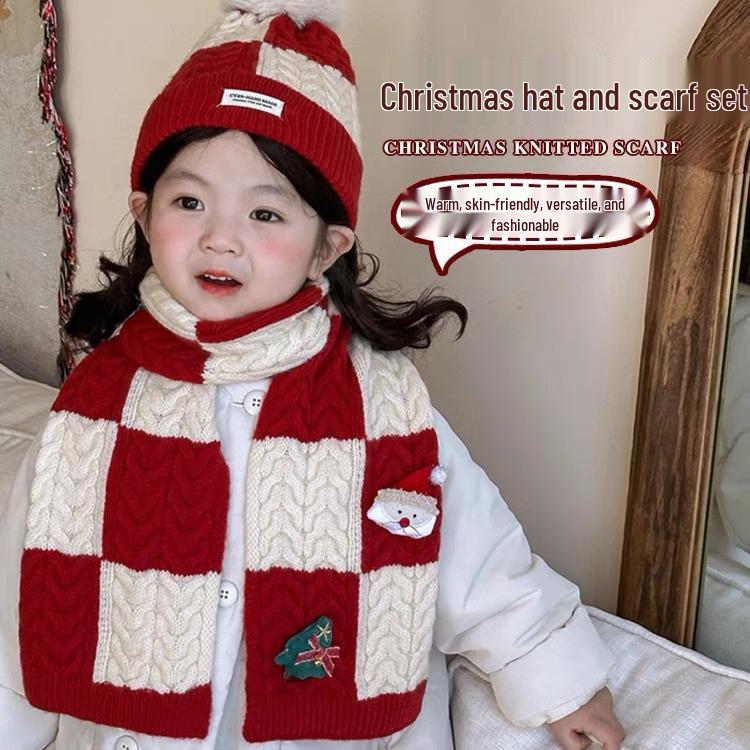 Korean-Style Kids' Christmas Scarf & Beanie Set: Warm Knit Neck Warmer for Boys & Girls