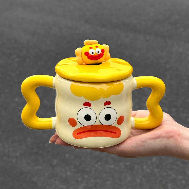Cute Mug Ceramic Cup with Lid Spoon Boys and Girls Household Water Cup Coffee Milk Cup Birthday Gift