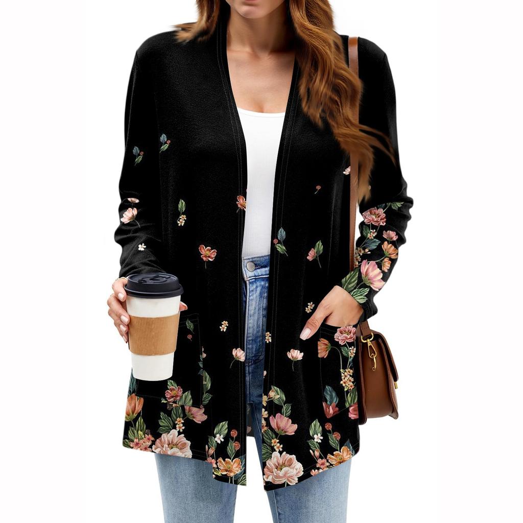Dámské lehké kardigany s otevřeným předním dílem, dlouhým rukávem, ležérního volného střihu, tenké kardigany s kapsami