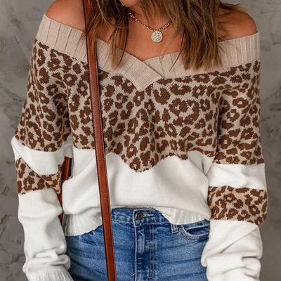 Sexy Off Shoulder Sweaters Loose Clothes Warm Knit Bottoming Tops Fashion Leopard Print Pullover Autumn And Winter 29446