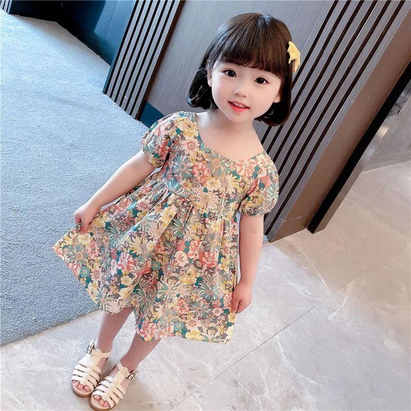 Girls' Floral Dress Summer Thin Style Children's Backless Short Sleeved Baby Dress Princess Dress