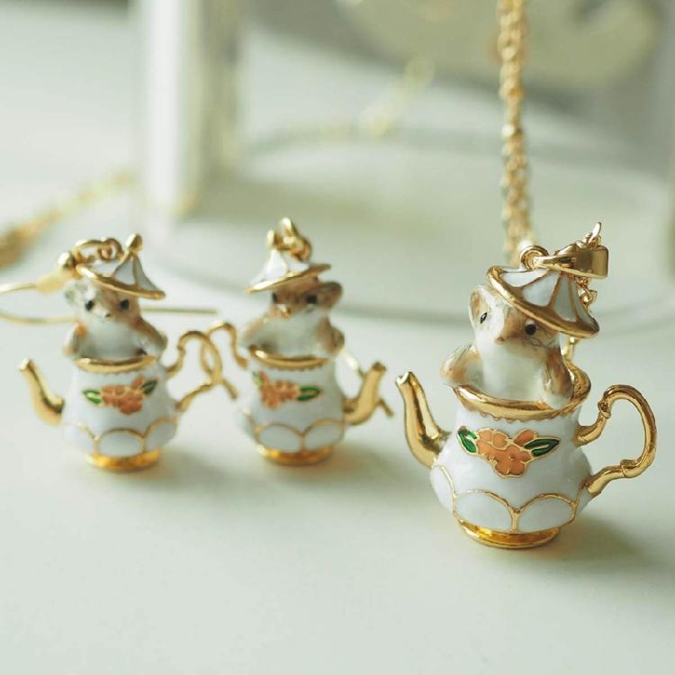 Enamel Chipmunk Teapot Earrings Trendy Pendant Necklace Stylish Woman Accessory