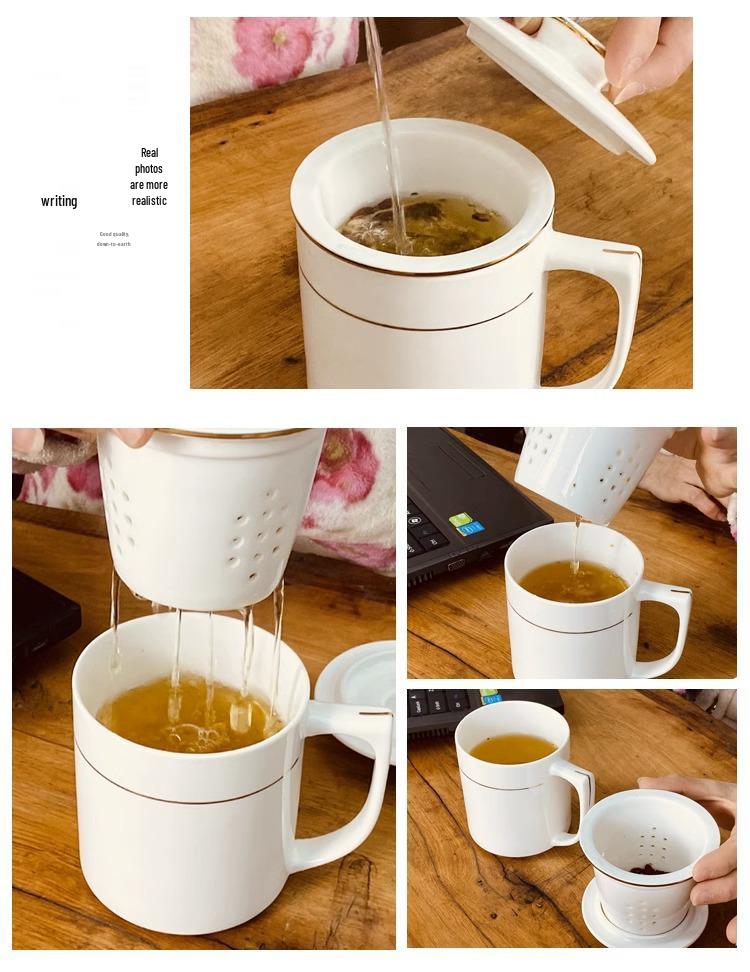 Gold Rim Ceramic Tea Strainer Cup with Lid and Mesh Filter