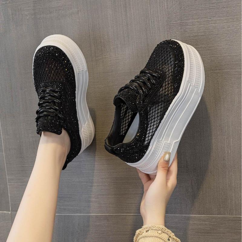 New Mesh Breathable Little White Shoes Women's Thick-soled, Lightweight and Versatile Small Casual Rhinestone Muffin Shoes
