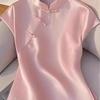 Pink Improved Cheongsam Button Top Irregular Design Shirt Summer New Half Sleeve