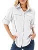 Camicia da donna color cachi a maniche lunghe con tasche sul petto e laccetti sui polsini