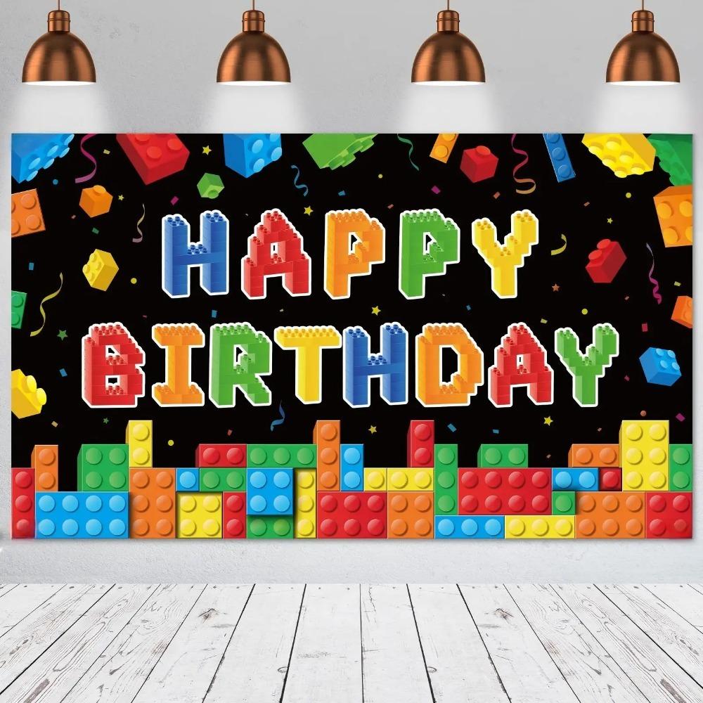 Colorful Building Block Themed Birthday Banner Shooting Backdrop Children Birthday Family Party Decoration Photography Backdrop
