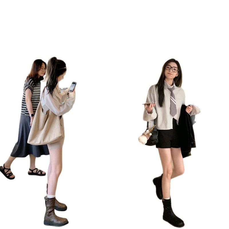 Cowhide~ Retro round head belt buckle pleated stack medium boots thick heel thick sole knight boots short boots women