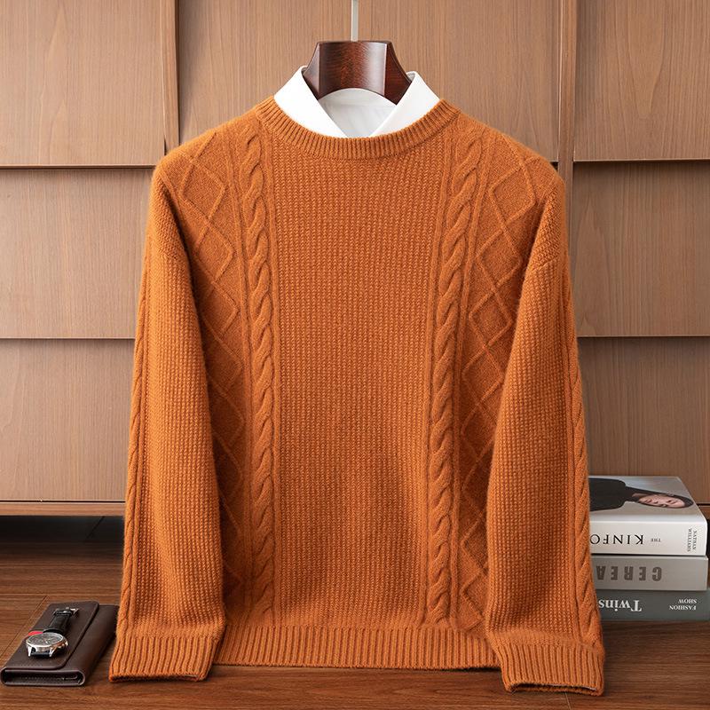 Men's Jacquard Knit Cashmere Sweater, Round Neck, Thickened for Autumn and Winter, Solid Color, Versatile Base Layer.